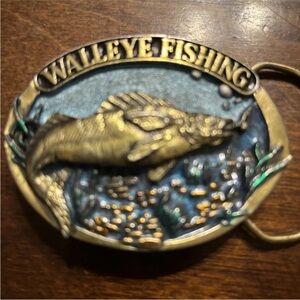 Vintage 1988 Great American Buckle Co. Walleye Fishing Brass Belt Buckle 3''